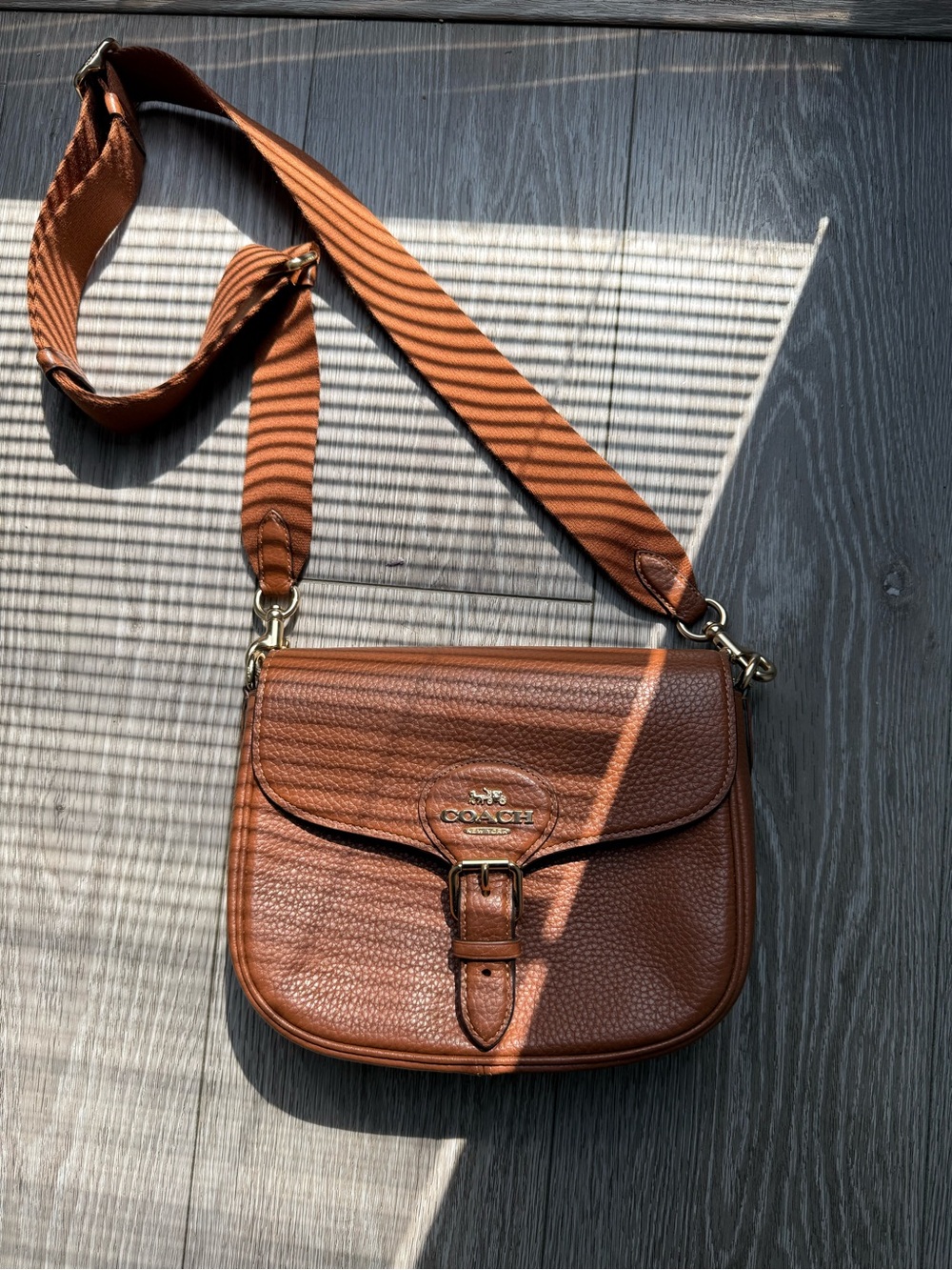 Coach Cognac Pebbled Leather Crossbody Bag with Wide Strap - Picture 3 of 5
